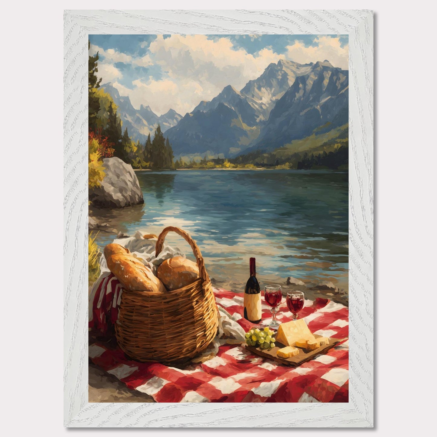 A checkered blanket lies beside a glistening lake, topped with fresh bread, wine, cheese, and grapes. Behind it all, towering mountains create a breathtaking backdrop. The scene celebrates indulgence, nature, and the timeless art of slowing down.