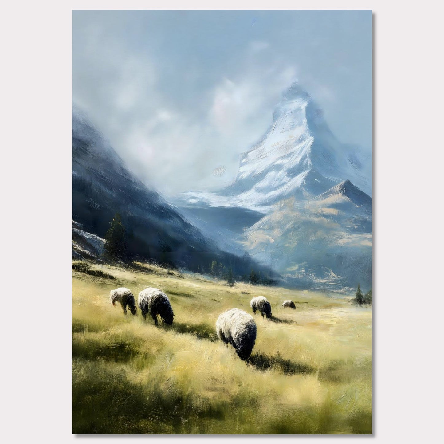 In the shadow of the Matterhorn, sheep graze peacefully on sunlit fields. This pastoral scene blends the grandeur of the Alps with the charm of rural life. The softness of the animals and golden grass contrasts beautifully with the snow-covered majesty above.