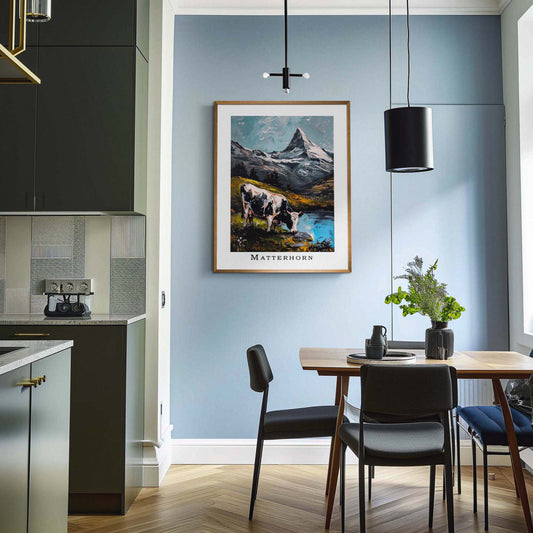 Poster titled 'Cow in the Meadows of Mount Matterhorn Poster' from ArtDarts