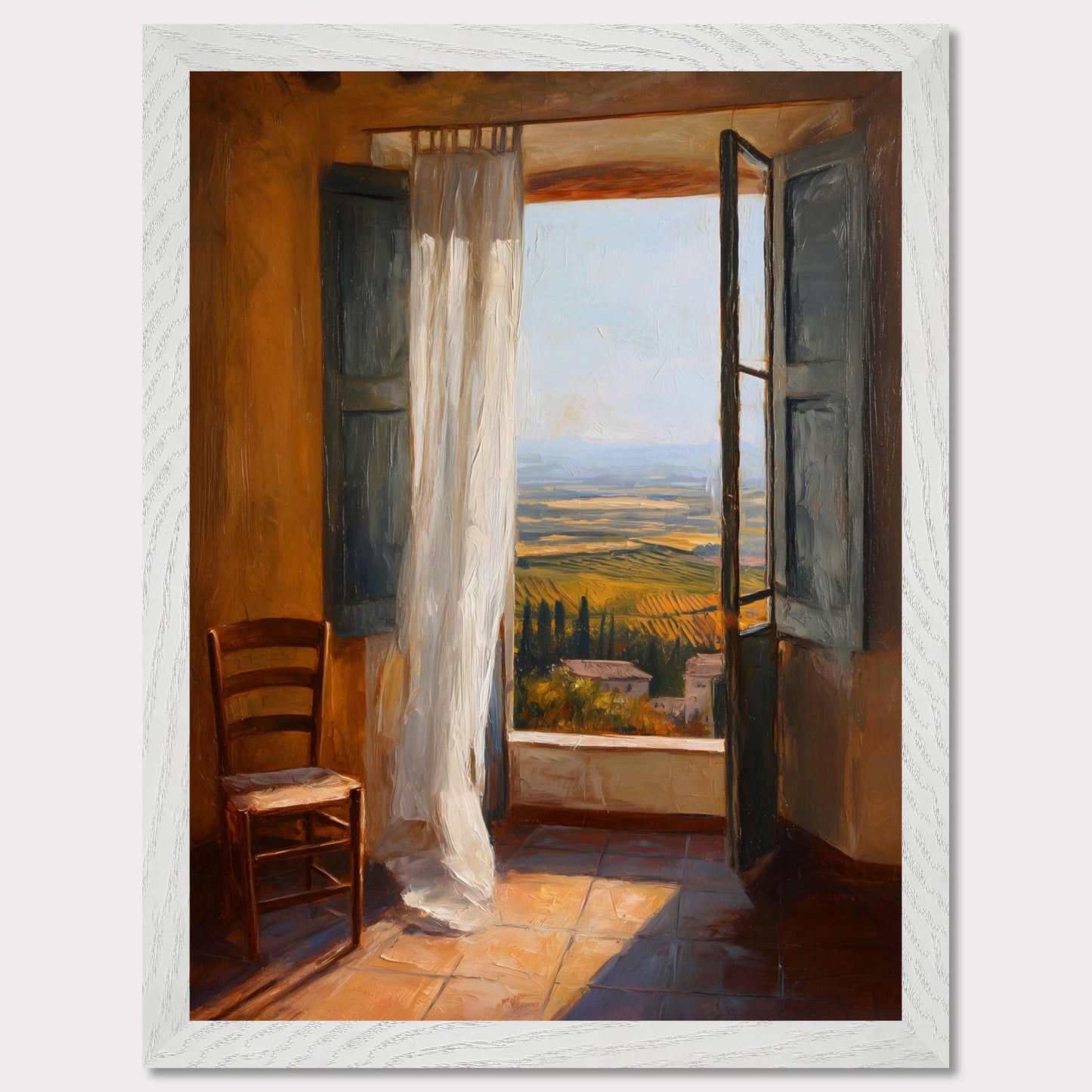 A sheer curtain lifts in warm air as golden vineyards unfold beneath a terracotta sill. A simple wooden chair waits in sunlit silence. This image is a breath of stillness, an ode to rhythm, warmth, and space.