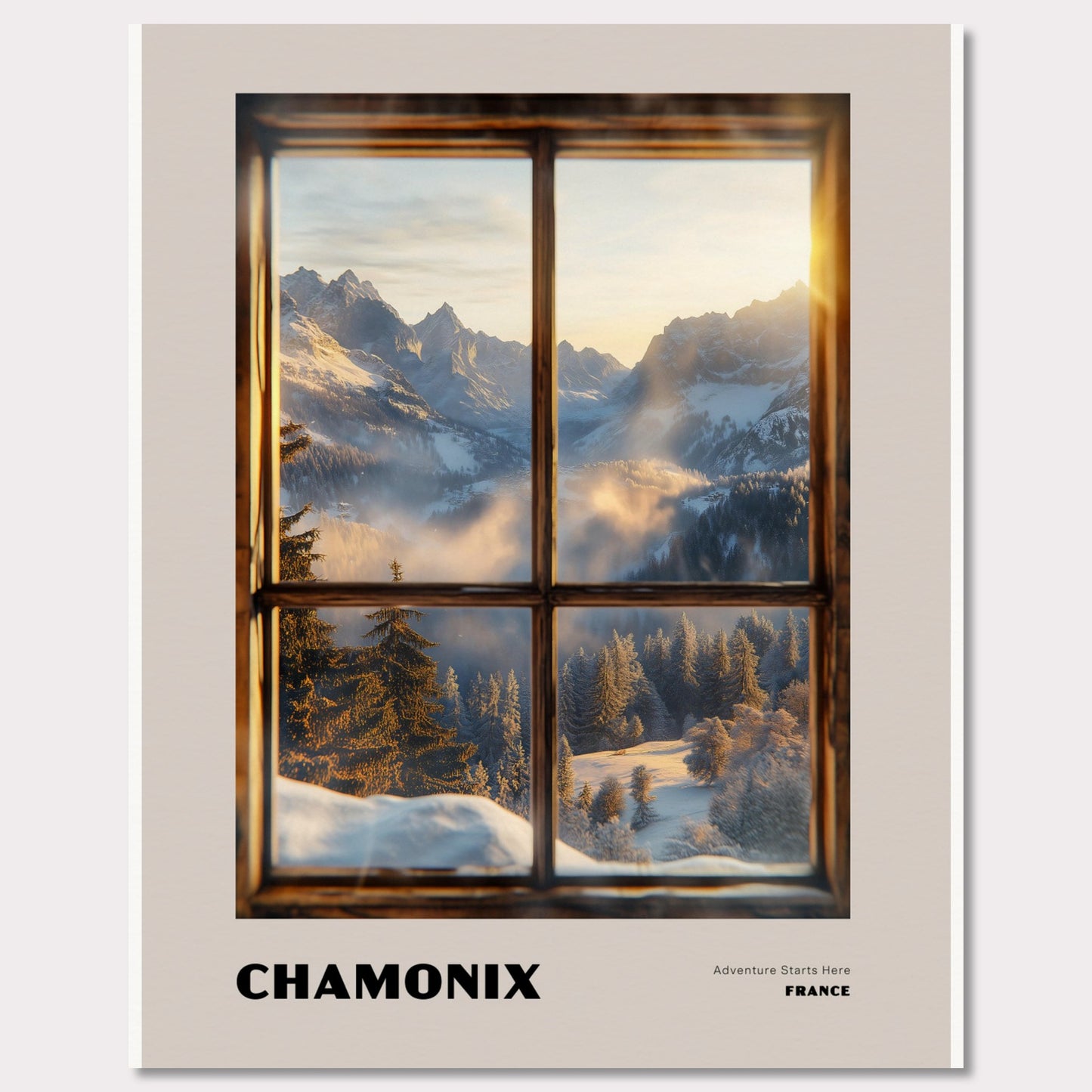 Poster titled 'CHAMONIX. Adventure Starts Here' from ArtDarts
