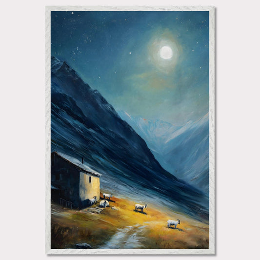 Nestled between dramatic cliffs, a single farmhouse glows under a sky heavy with storm and sun. The valley holds its breath — clouds swirl above while the earth remains grounded, golden, and still. This is a refuge at the edge of wildness.