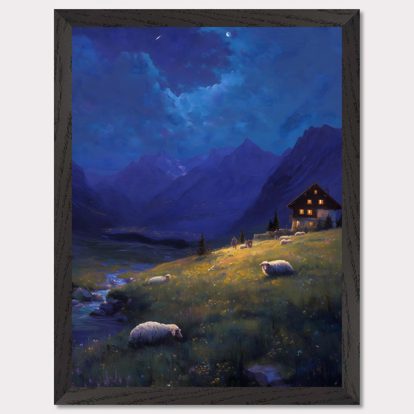 As night falls over the valley, warm lights glow from a mountain cabin, guiding the shepherd and his sheep. Above, stars begin to shimmer and the crescent moon watches from afar. A peaceful twilight symphony of solitude, nature, and quiet warmth.