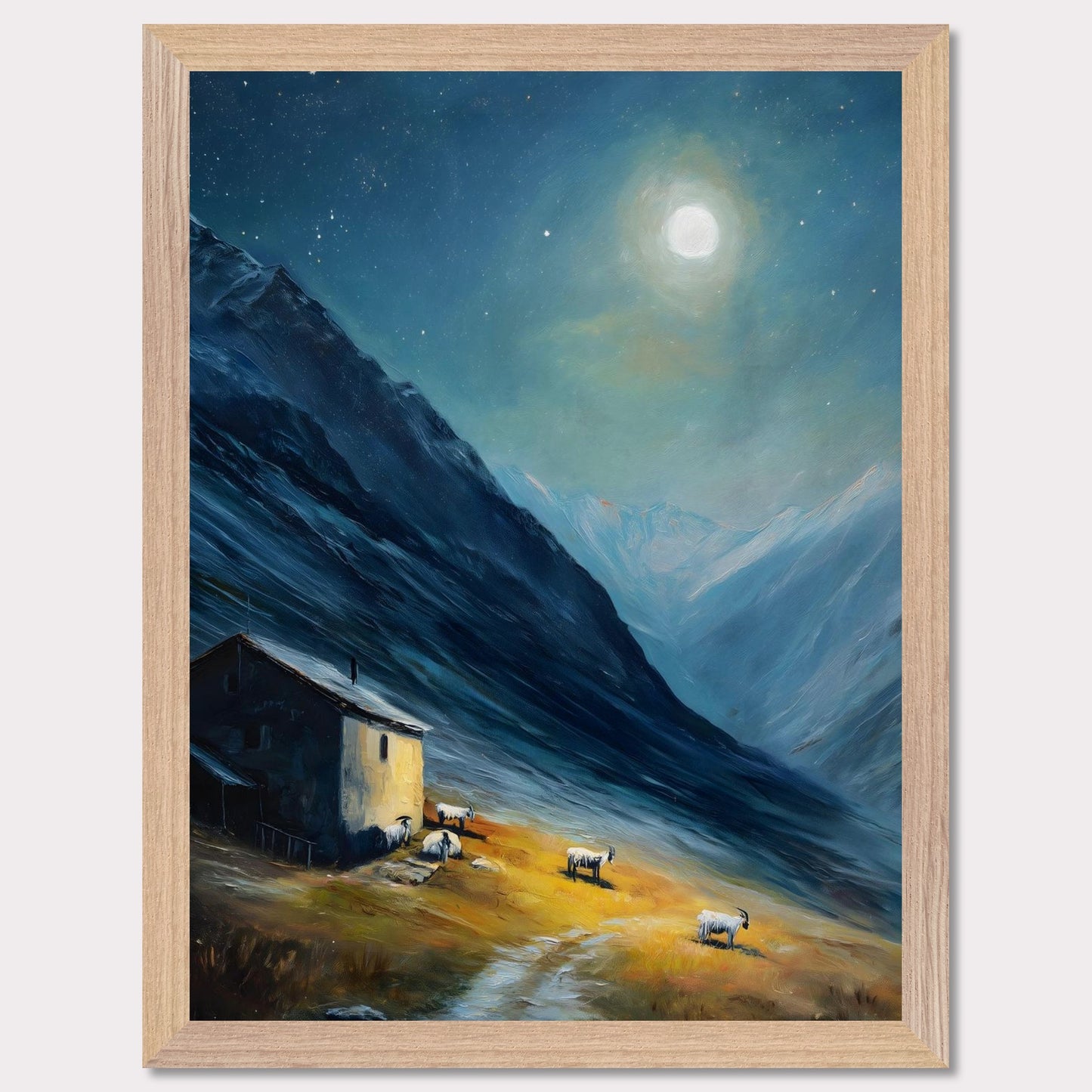 Nestled between dramatic cliffs, a single farmhouse glows under a sky heavy with storm and sun. The valley holds its breath — clouds swirl above while the earth remains grounded, golden, and still. This is a refuge at the edge of wildness.