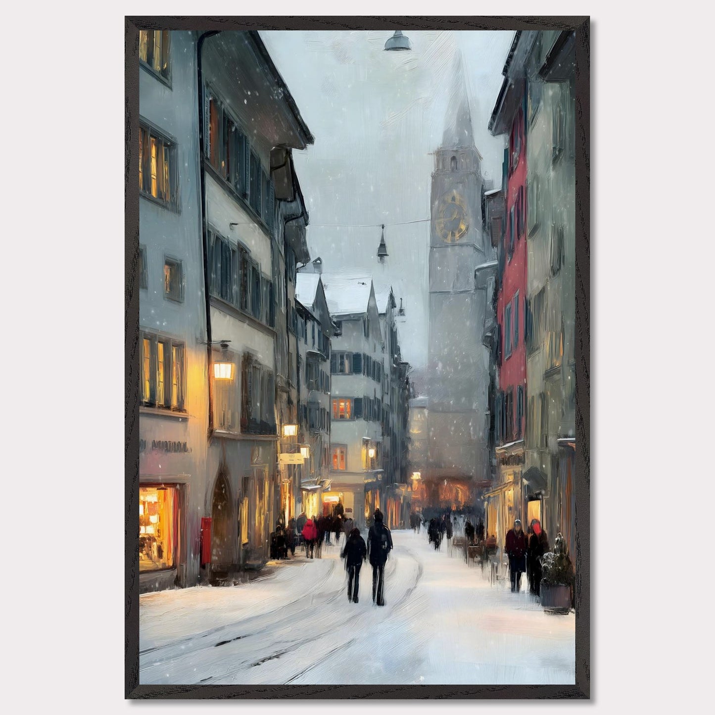 Snow falls gently between old town facades as people wander through glowing windows and quiet alleys. Time seems to slow. This image is a winter stroll, an ode to dusk, city calm, and warmth within.
