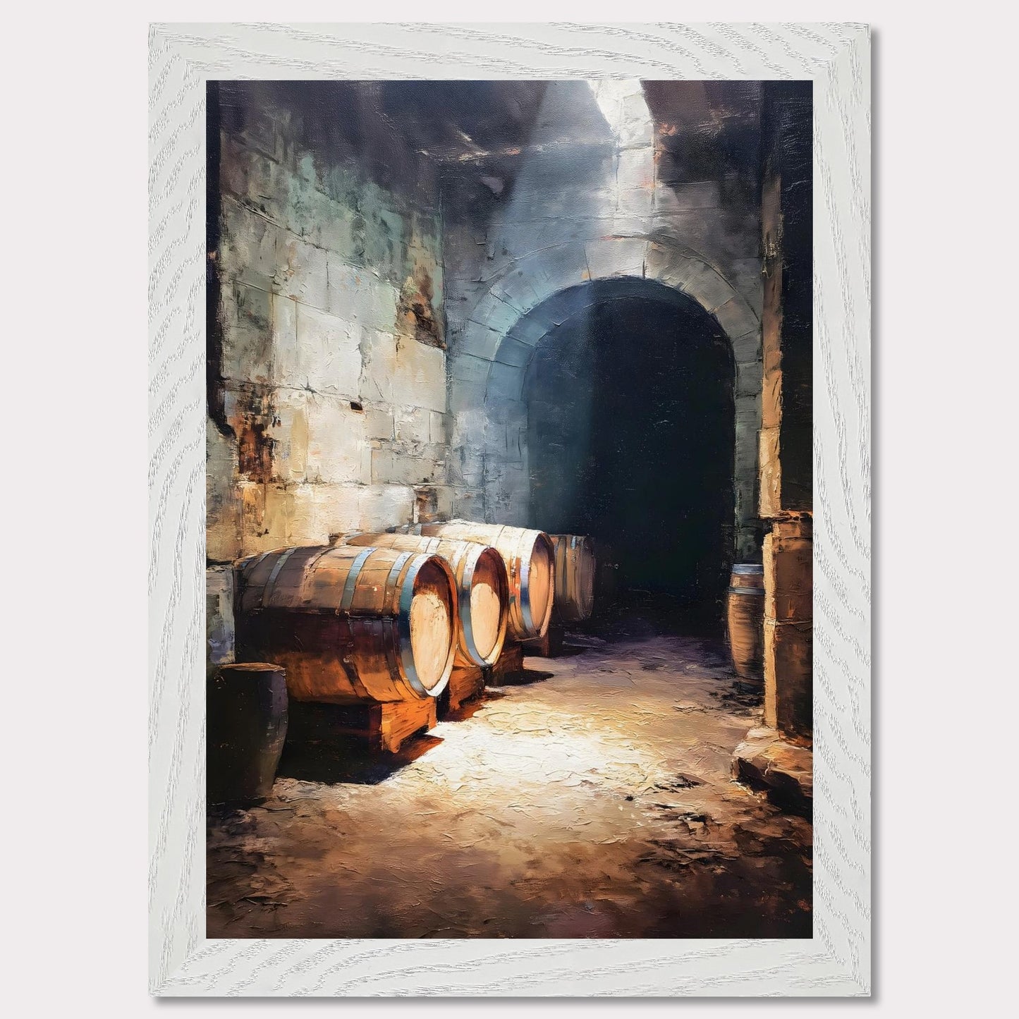 Wooden wine barrels line the stone walls of a cool alpine cellar, lit by a shaft of light from above. The silence is thick and cool. This image is a breath beneath the surface, an ode to age, earth, and time.