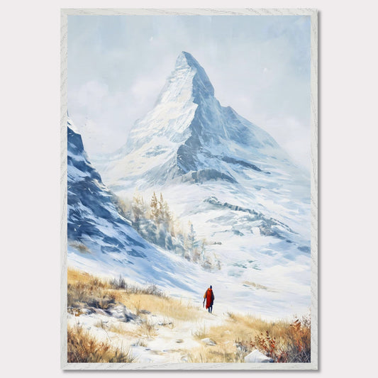 A solitary traveler in red walks toward a towering alpine peak, its icy edges kissed by winter sun. The snow-laced slope opens to a vast, crystalline silence, where motion feels reverent. This image captures the awe of ascent — a tribute to scale, solitude, and stillness.