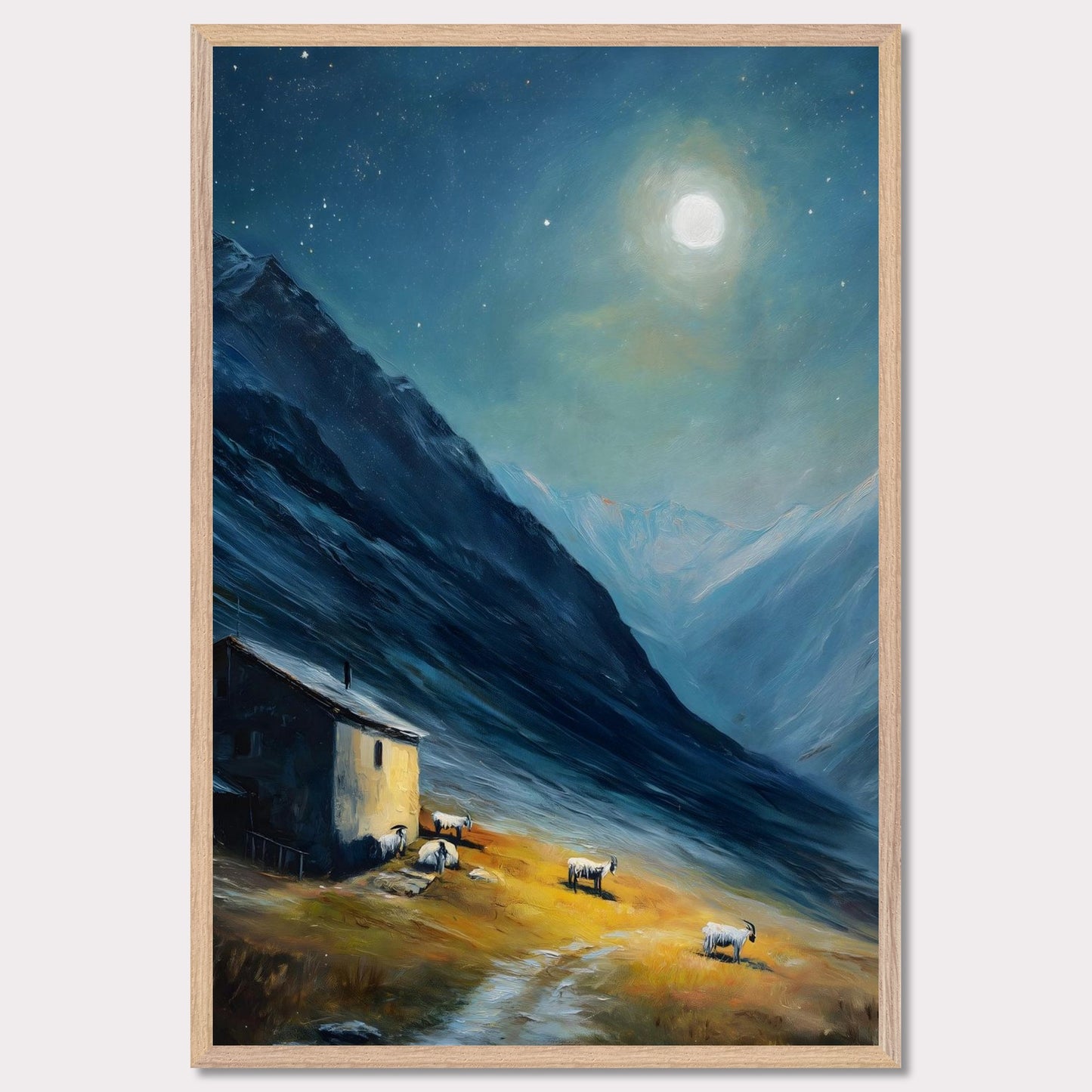 Nestled between dramatic cliffs, a single farmhouse glows under a sky heavy with storm and sun. The valley holds its breath — clouds swirl above while the earth remains grounded, golden, and still. This is a refuge at the edge of wildness.