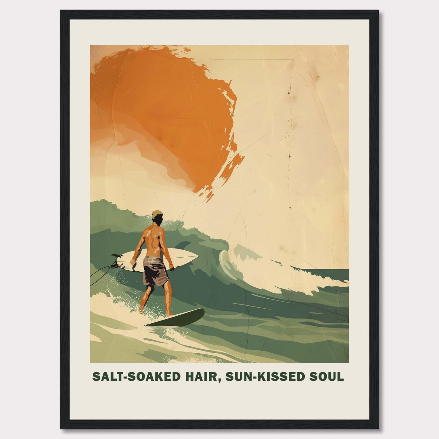 This vibrant poster showcases a surfer riding a wave with the sun setting in the background.