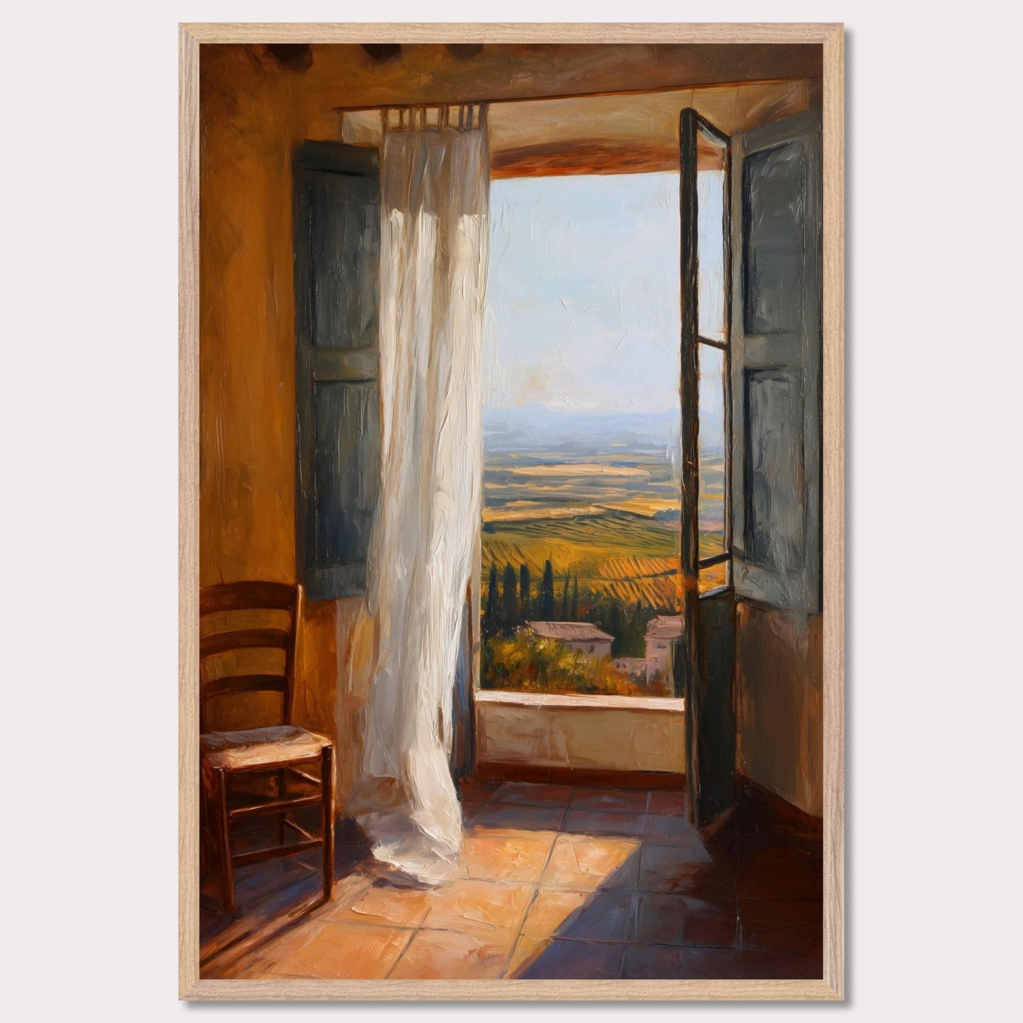 A sheer curtain lifts in warm air as golden vineyards unfold beneath a terracotta sill. A simple wooden chair waits in sunlit silence. This image is a breath of stillness, an ode to rhythm, warmth, and space.