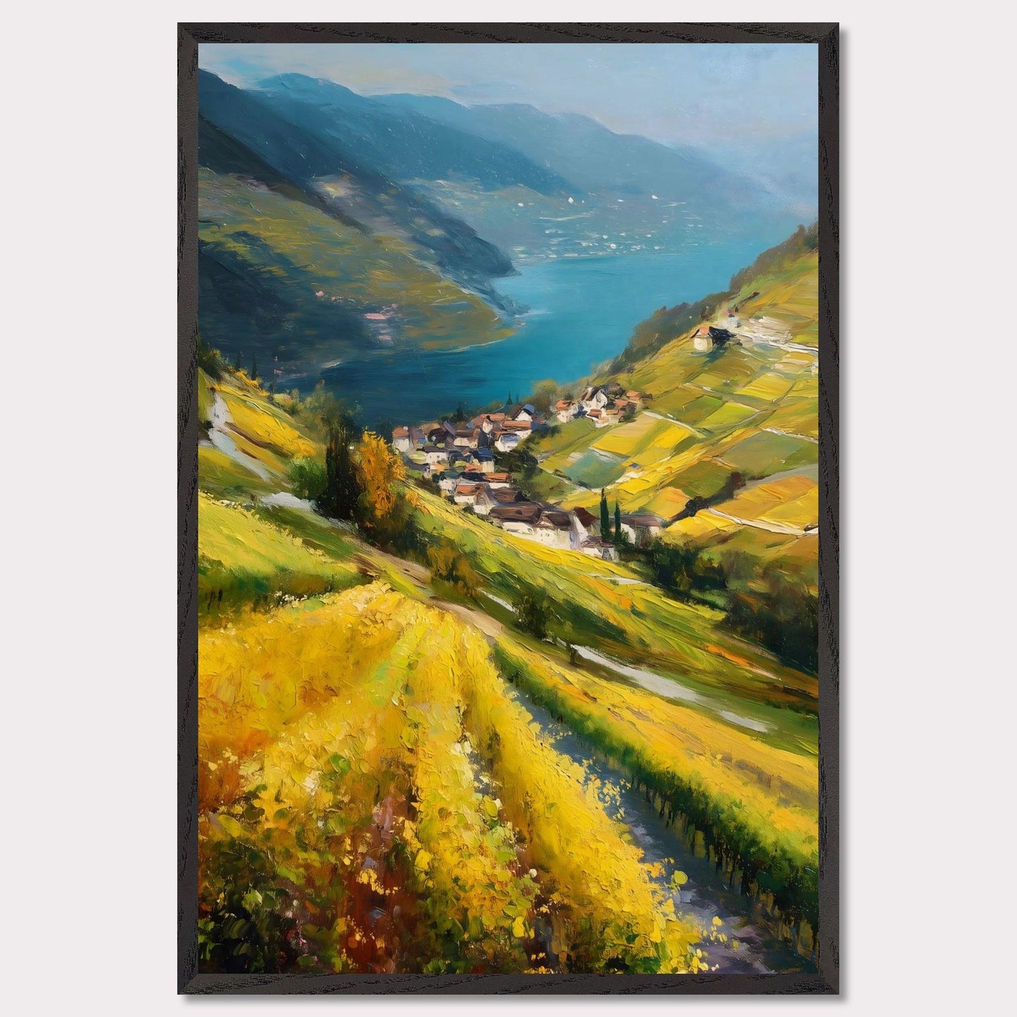 Golden vineyards sweep down steep hills toward a quiet lake village. The water shimmers like a mirror between blue ridges. This image is a flowing hillside, an ode to light, labor, and view.