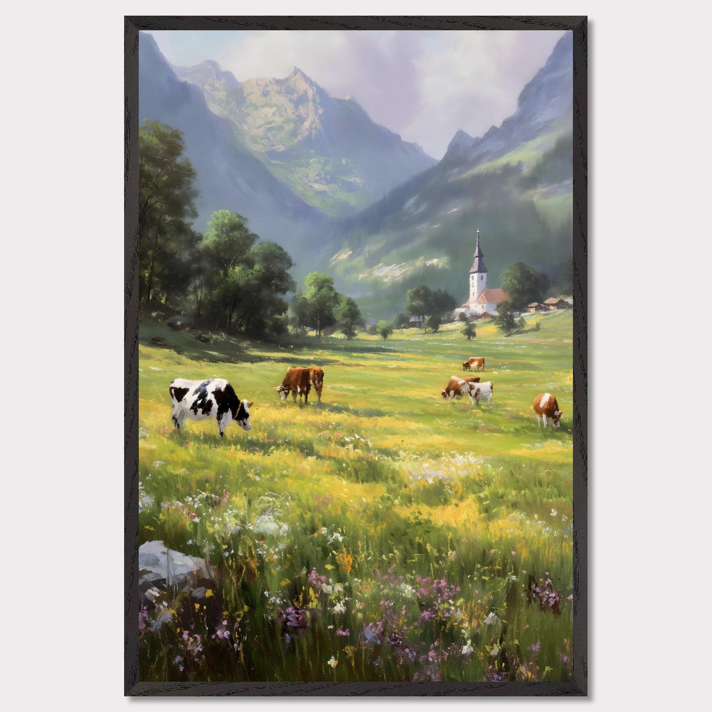 A bright valley bursts into life with cows scattered across wildflower meadows. Behind them, a quaint village church stands framed by alpine peaks. This scene is a celebration of slowness — of sun-warmed grass and steady breath.