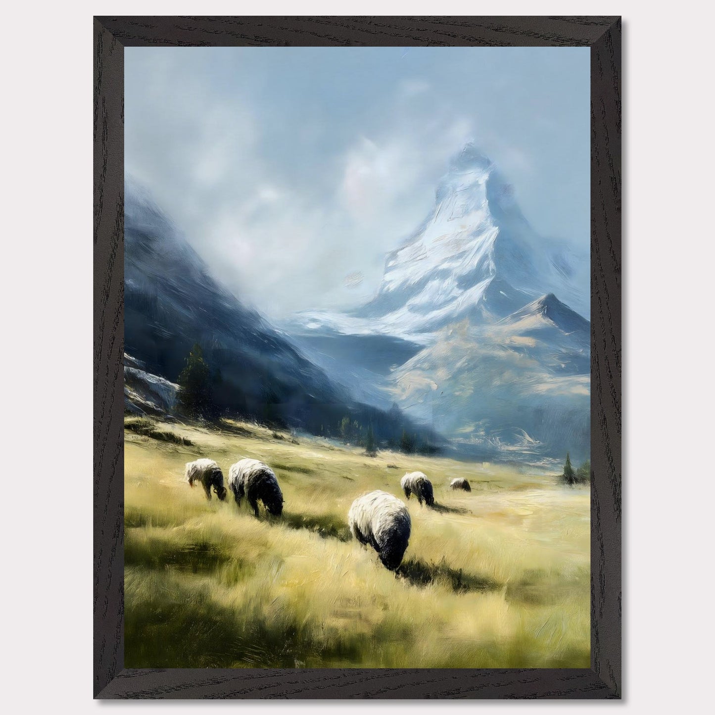 In the shadow of the Matterhorn, sheep graze peacefully on sunlit fields. This pastoral scene blends the grandeur of the Alps with the charm of rural life. The softness of the animals and golden grass contrasts beautifully with the snow-covered majesty above.
