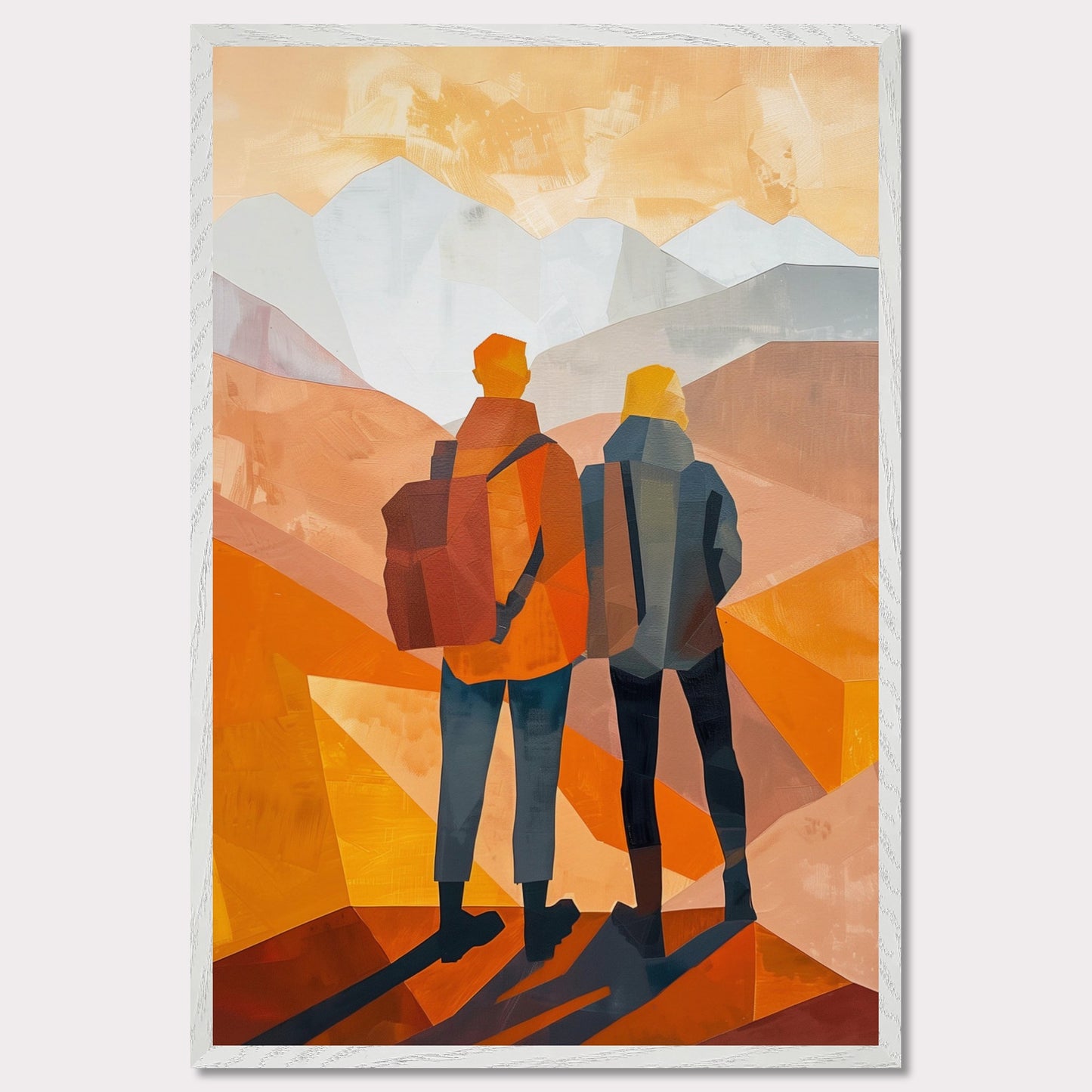 This illustration depicts two figures standing side by side, gazing at a mountainous landscape.
This poster would fit well in a living room, hallway, office, or any space that benefits from artistic and inspirational decor.