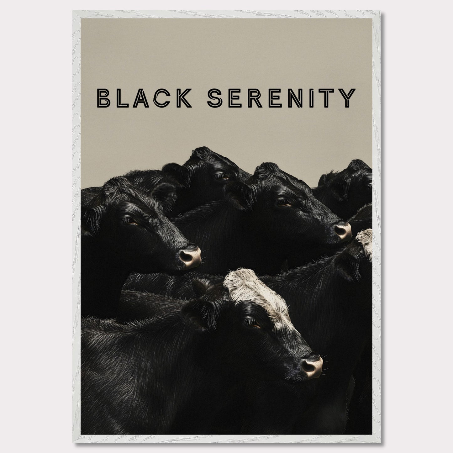 This image showcases a serene group of black cows, with one cow featuring a distinctive white marking on its head. The title "BLACK SERENITY" is prominently displayed at the top, emphasizing the calm and peaceful nature of the scene.