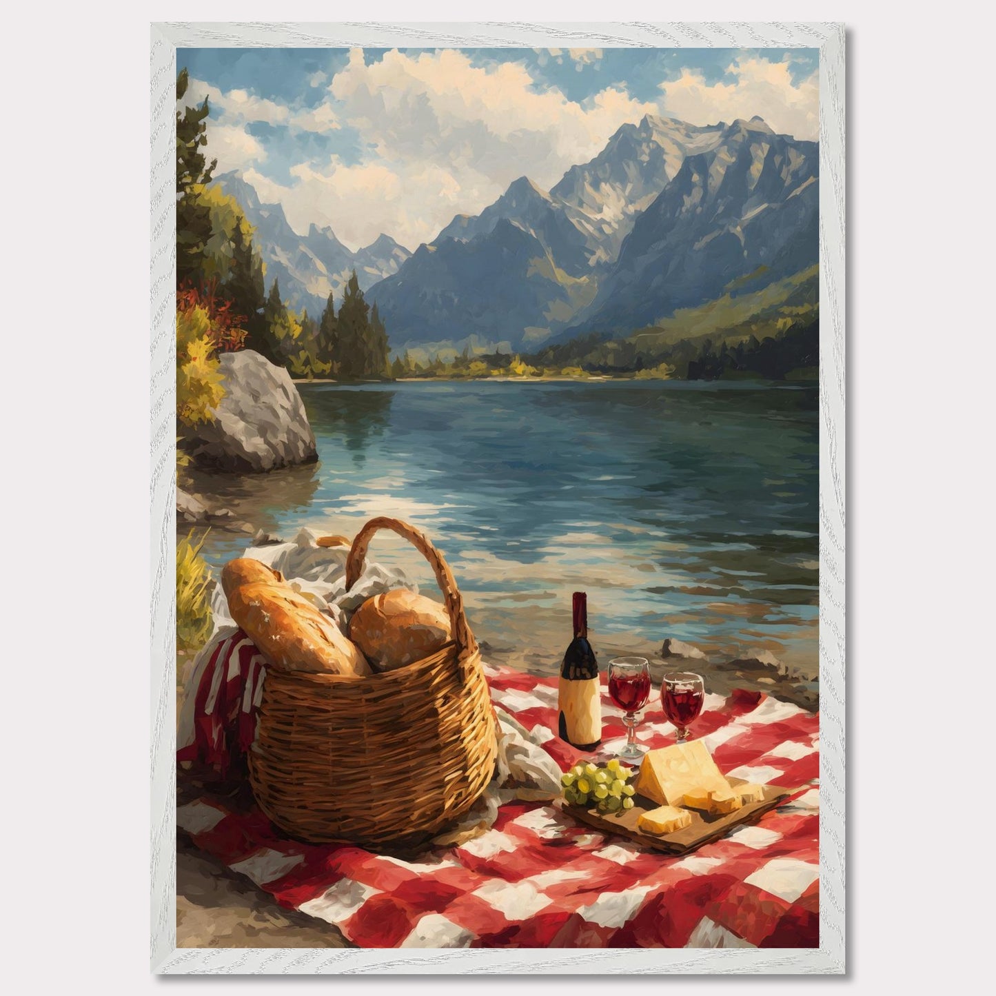 A checkered blanket lies beside a glistening lake, topped with fresh bread, wine, cheese, and grapes. Behind it all, towering mountains create a breathtaking backdrop. The scene celebrates indulgence, nature, and the timeless art of slowing down.