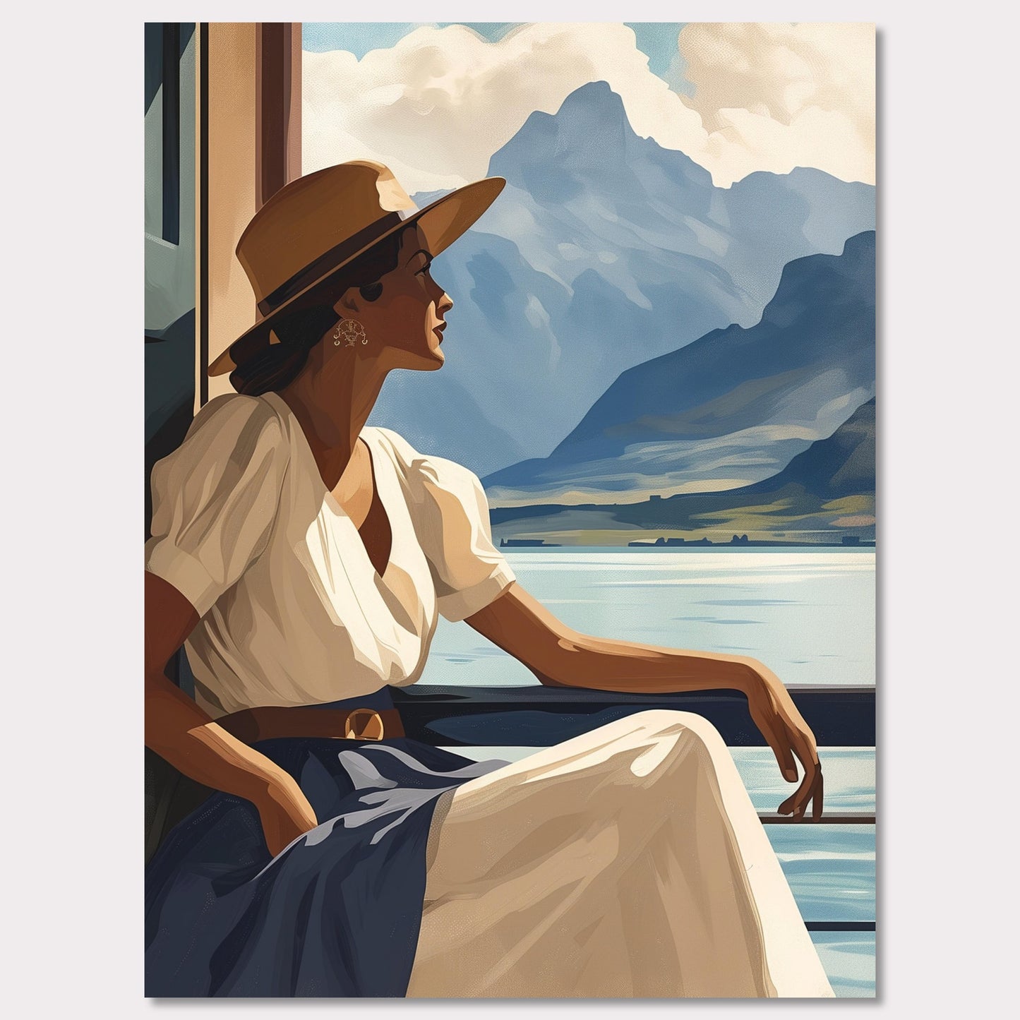 Poster titled 'Girl near mountain water Poster' from ArtDarts