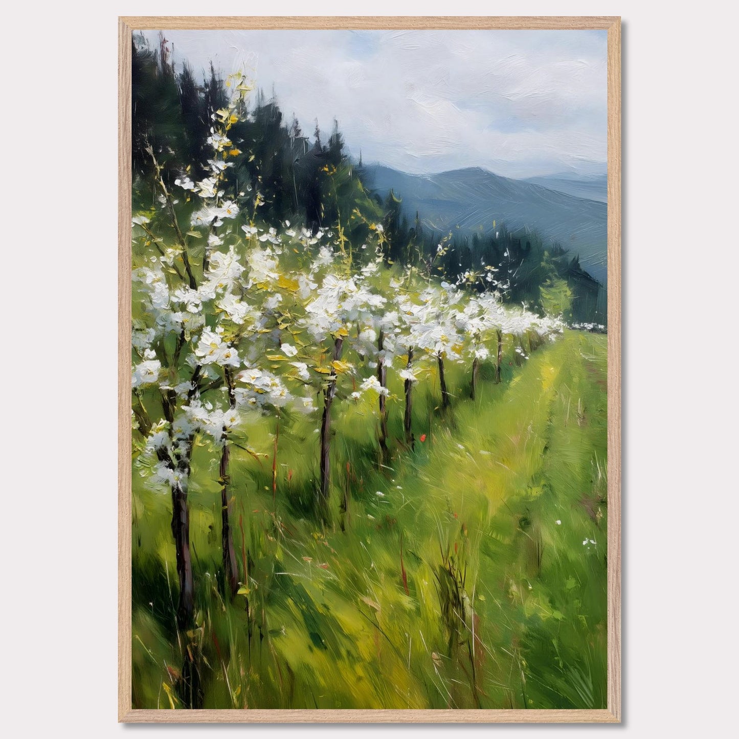 Blossoming trees line a sloped meadow, shining with spring energy. Their petals catch the light like snowflakes, while behind them rise forested hills and soft mountain silhouettes. The air feels fresh, alive, and full of renewal.