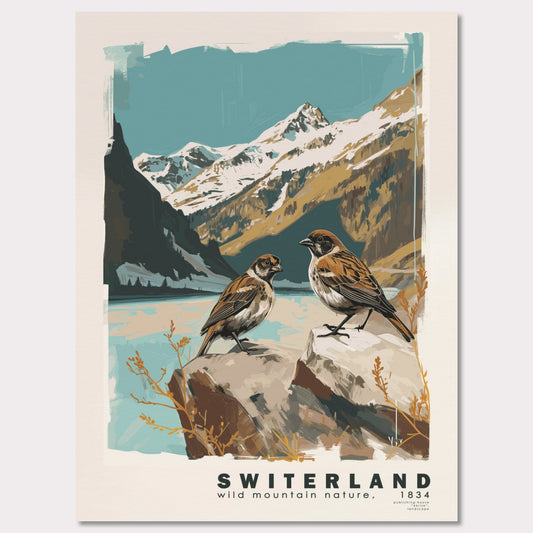 Poster titled 'Swiss Landscape with Birds Poster' from ArtDarts