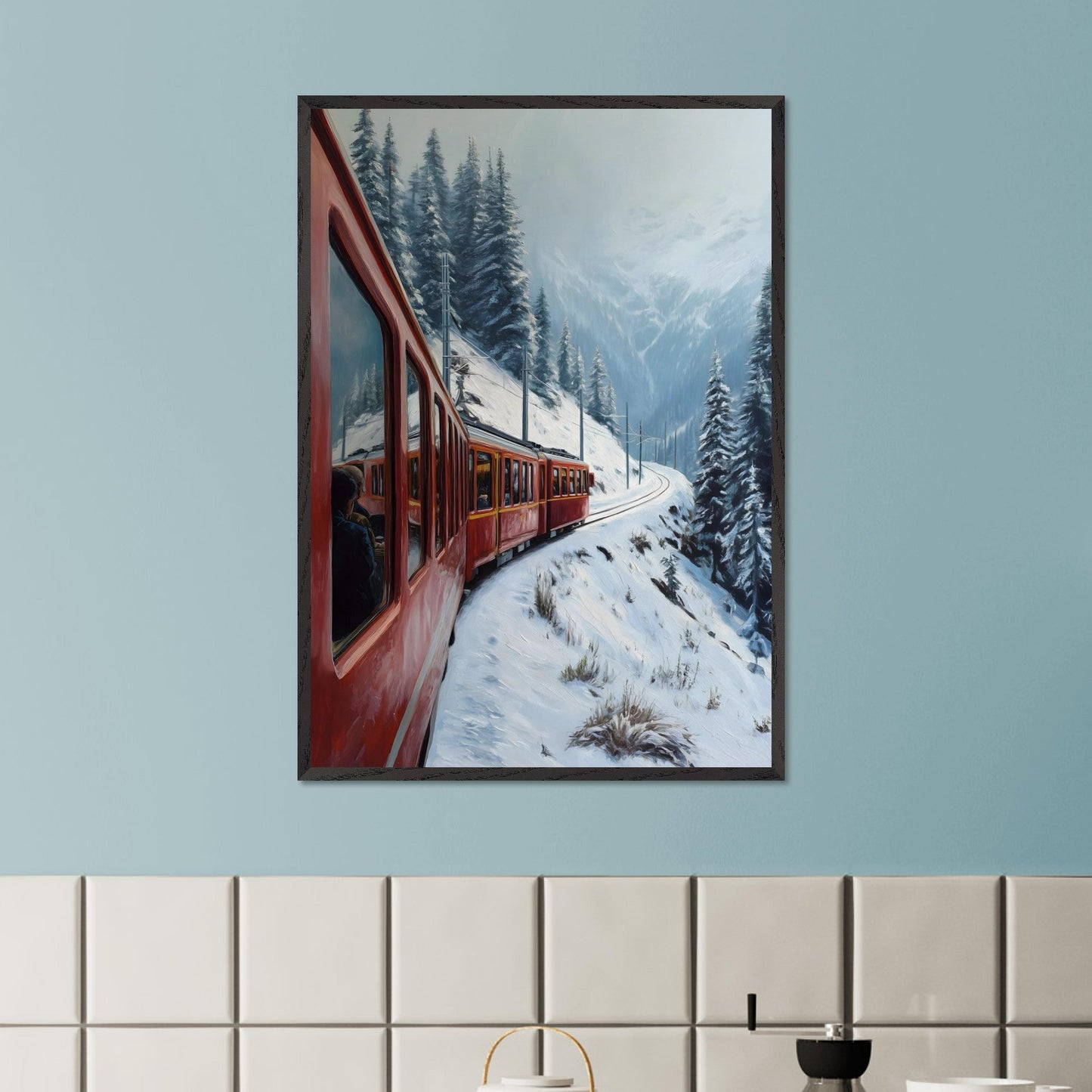 A red alpine train rounds a snow-covered bend, threading between pine-clad slopes and winter valleys. Reflections in the windows hint at warm journeys through a frozen world. This image hums with motion and memory — an homage to travel, contrast, and time.