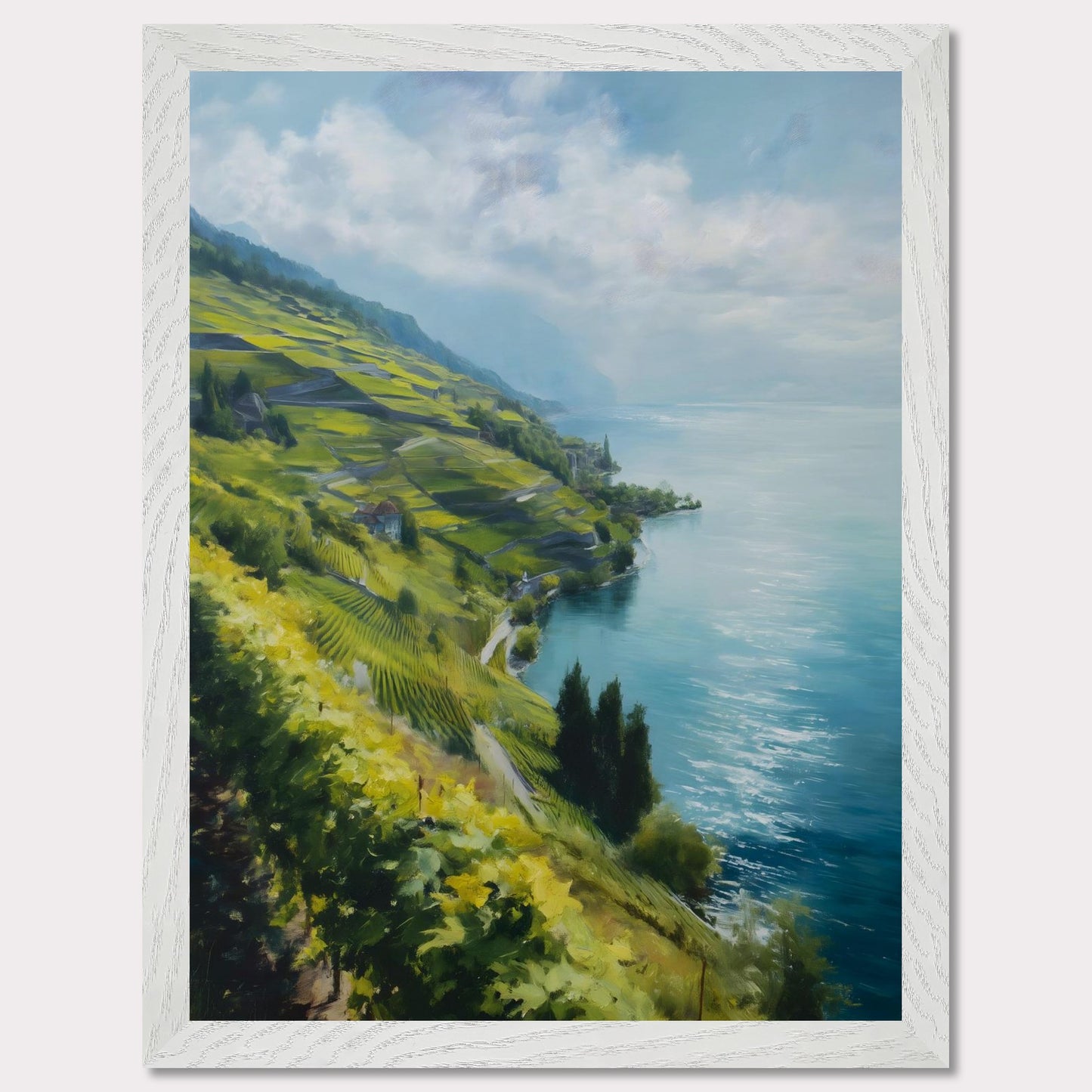 Terraced vines stretch along a quiet shore as morning mist lifts from the water. Blue tones dominate, cooled by wind. This image is a lakeside whisper, an ode to patience, form, and clarity.