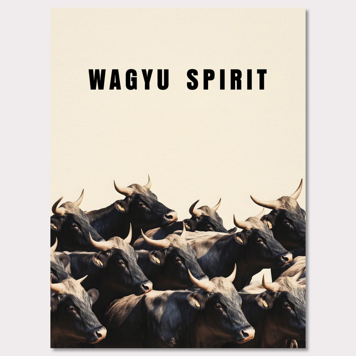 This illustration shows a group of black cattle with horns, set against a light background. The text "WAGYU SPIRIT" is prominently displayed at the top.
This poster will fit well in a kitchen, dining area, restaurant, or any space related to food and culinary arts.