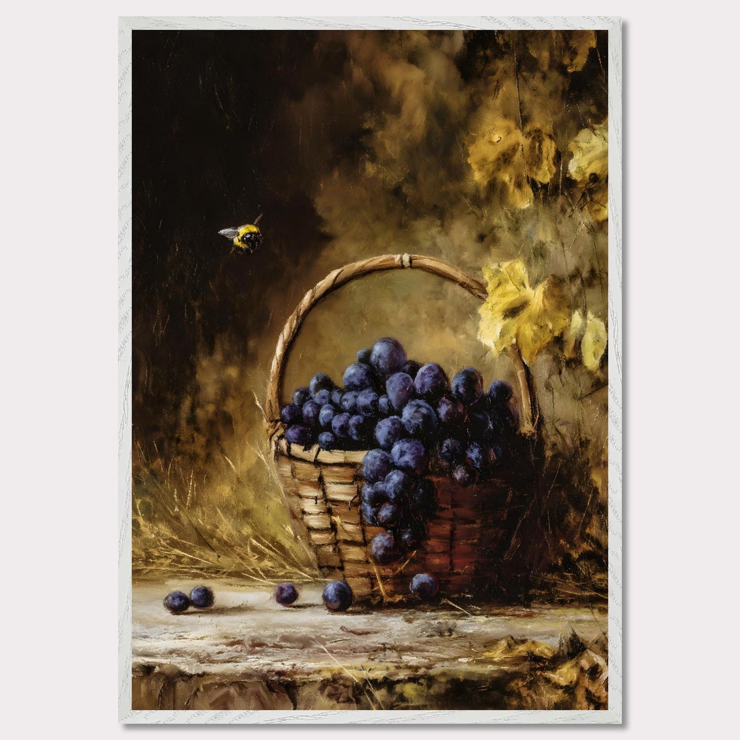 A basket overflows with deep purple grapes, a bee caught mid-hover. The scene glows with golden hues, evoking the fullness of autumn’s gift. This is the moment right before the feast — abundant, still, and honey-warm.