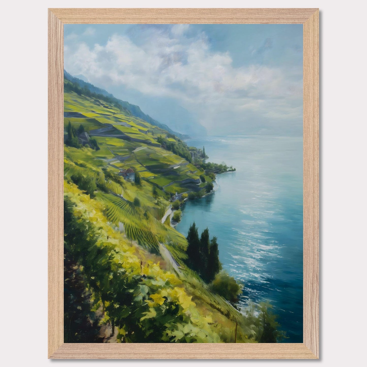 Terraced vines stretch along a quiet shore as morning mist lifts from the water. Blue tones dominate, cooled by wind. This image is a lakeside whisper, an ode to patience, form, and clarity.