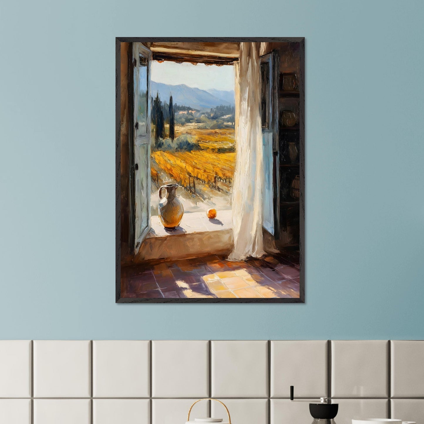 An open shutter reveals golden rows of vineyard glowing in afternoon light. A jug and fruit rest on the sill, as if waiting for someone to return. This image is a sunlit breath, an ode to harvest, pause, and place.