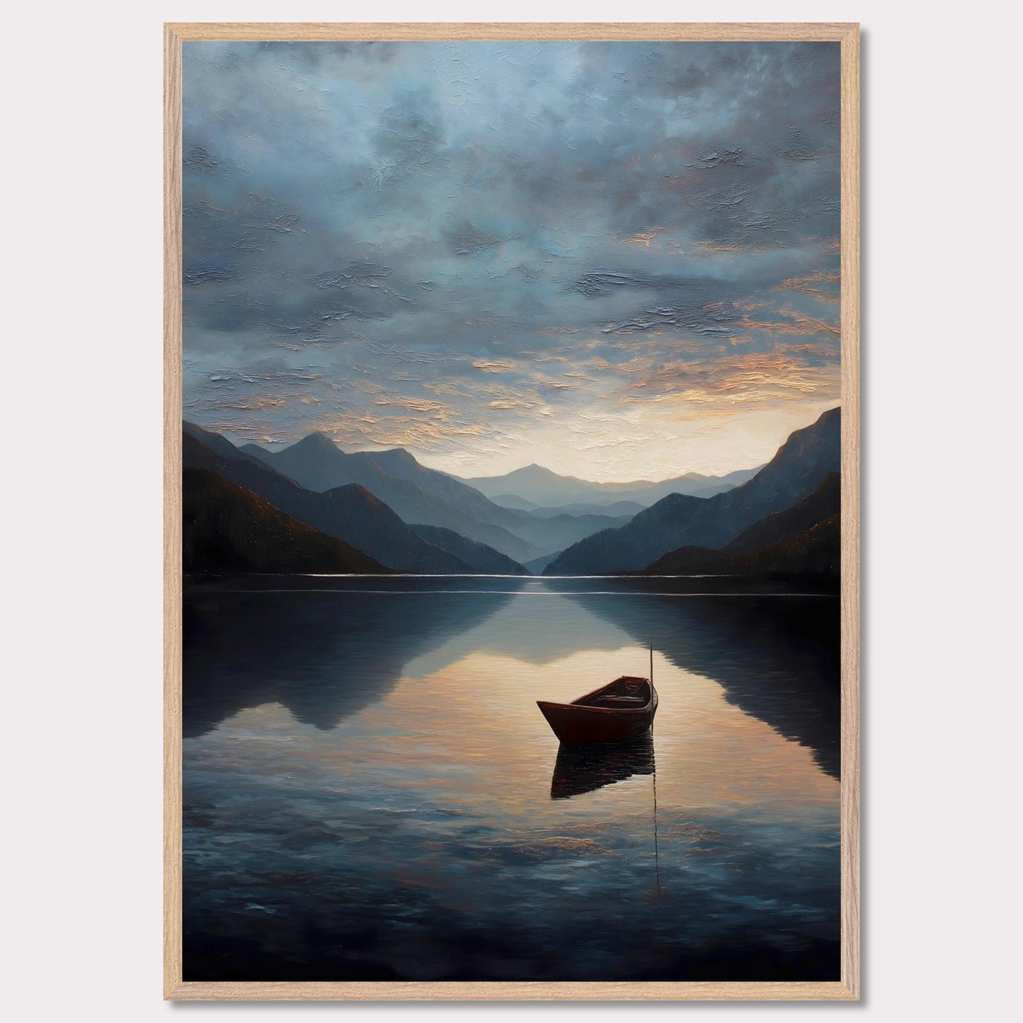 A single red boat floats gently on a vast, darkening lake as mountains fade into layered blues. The sunset brushes the clouds and water with soft amber and grey. A perfect study in stillness, solitude, and awe.