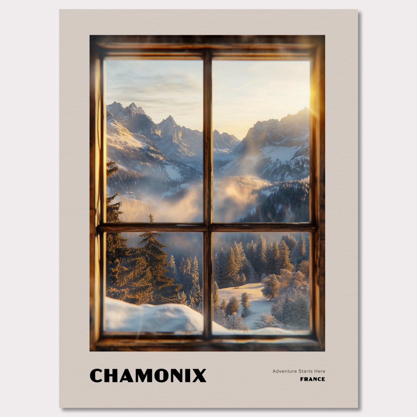 Poster titled 'CHAMONIX. Adventure Starts Here' from ArtDarts