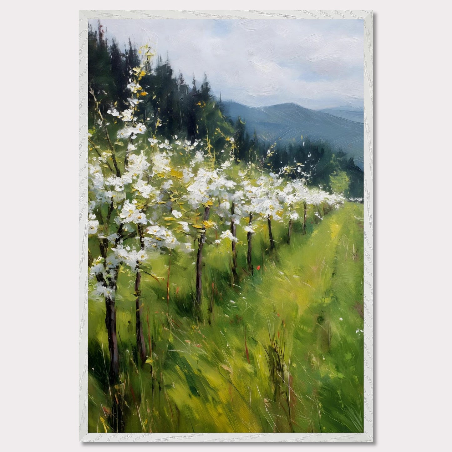 Blossoming trees line a sloped meadow, shining with spring energy. Their petals catch the light like snowflakes, while behind them rise forested hills and soft mountain silhouettes. The air feels fresh, alive, and full of renewal.
