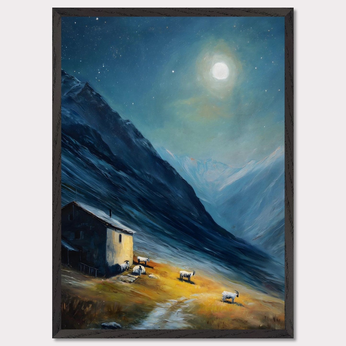 Nestled between dramatic cliffs, a single farmhouse glows under a sky heavy with storm and sun. The valley holds its breath — clouds swirl above while the earth remains grounded, golden, and still. This is a refuge at the edge of wildness.