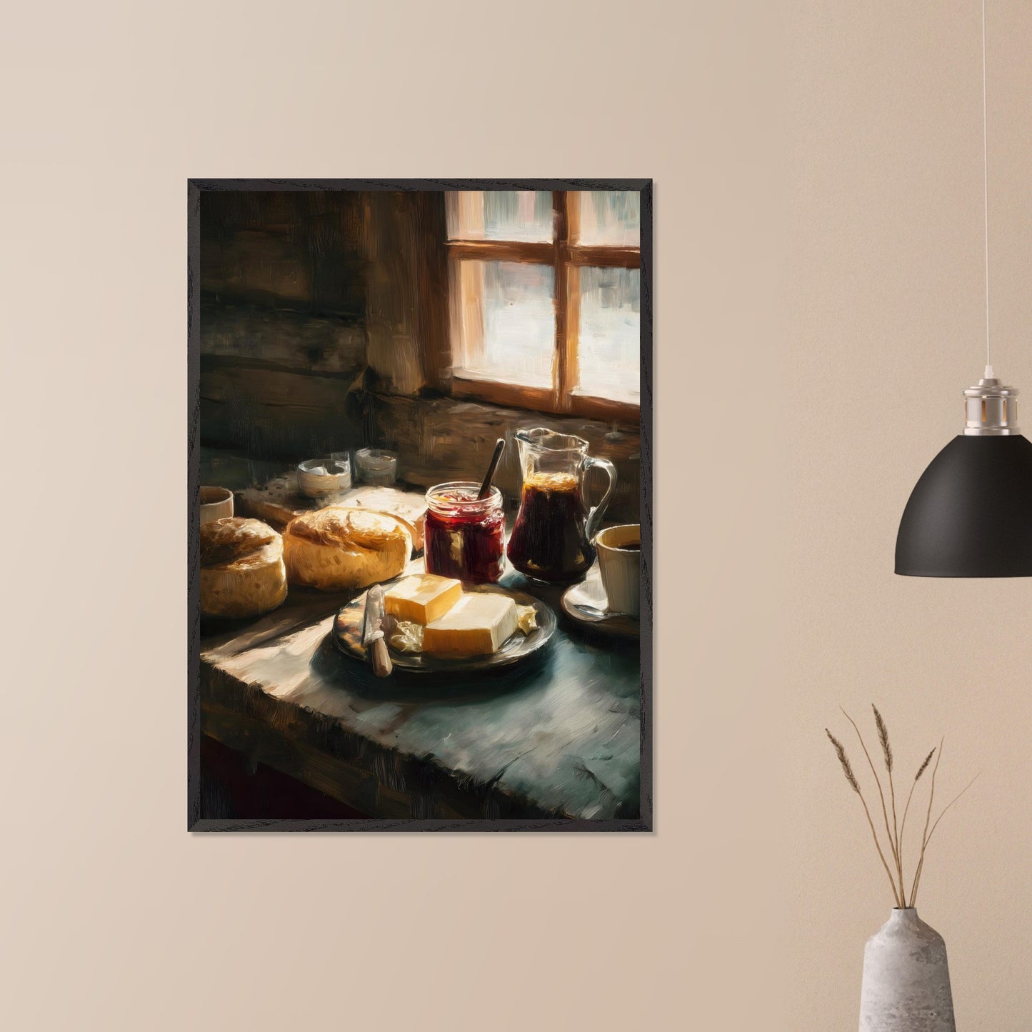 A rustic table holds fresh bread, butter, jam, and coffee beside a glowing window. Steam rises gently from the cup. This image is a quiet start, an ode to taste, ritual, and comfort.