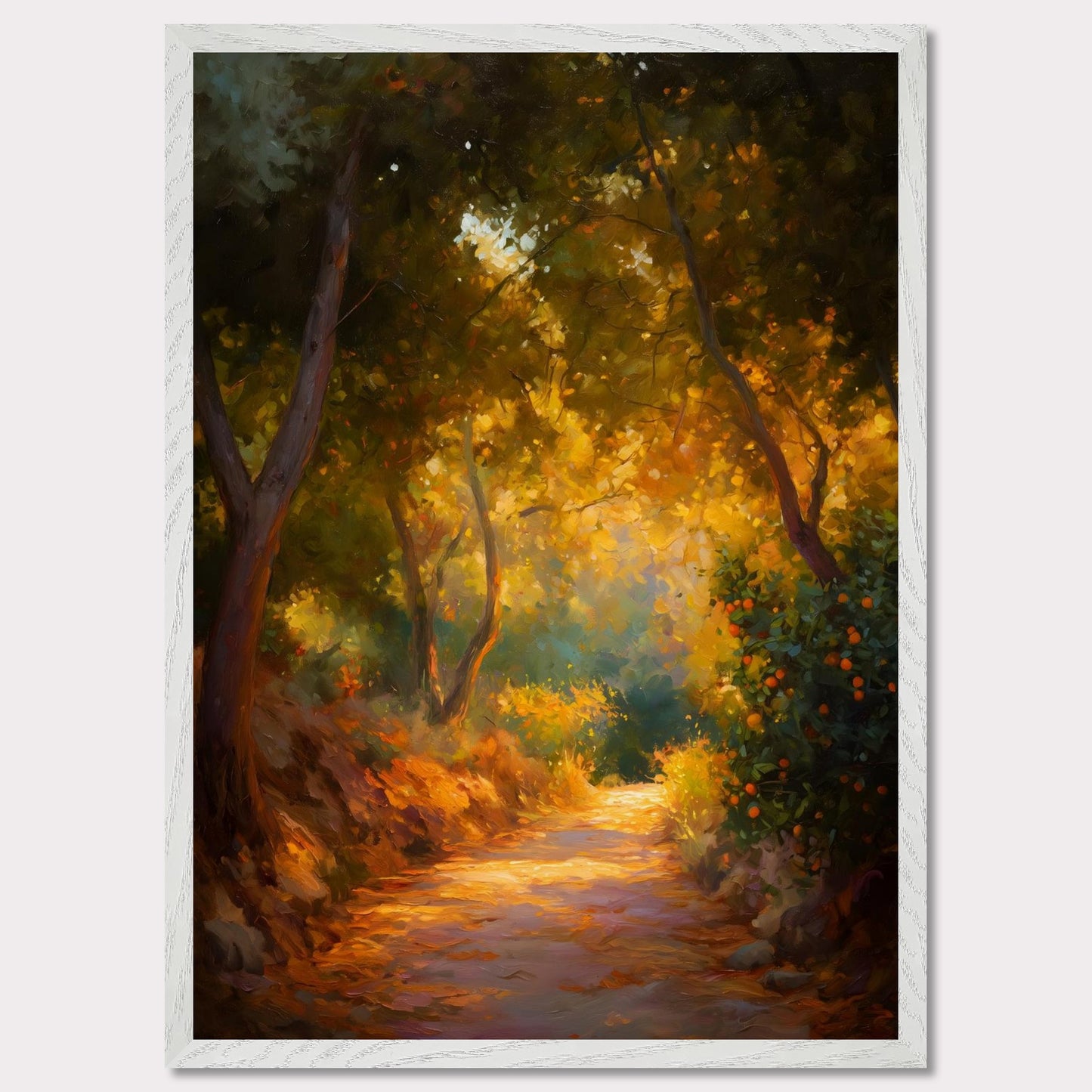 Golden leaves and oranges glow in a forested bend, where light pours through branches onto a dusty path. The trees seem to lean in to listen. This image is a slow walk, an ode to scent, light, and memory.