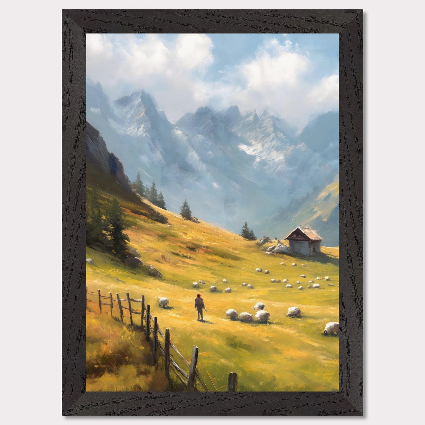 A shepherd tends his flock in a golden mountain pasture, surrounded by dramatic peaks and old-world charm. The wooden fence and cabin speak of a slower, enduring lifestyle. Bathed in warm light, this image transports viewers to a timeless Alpine morning.