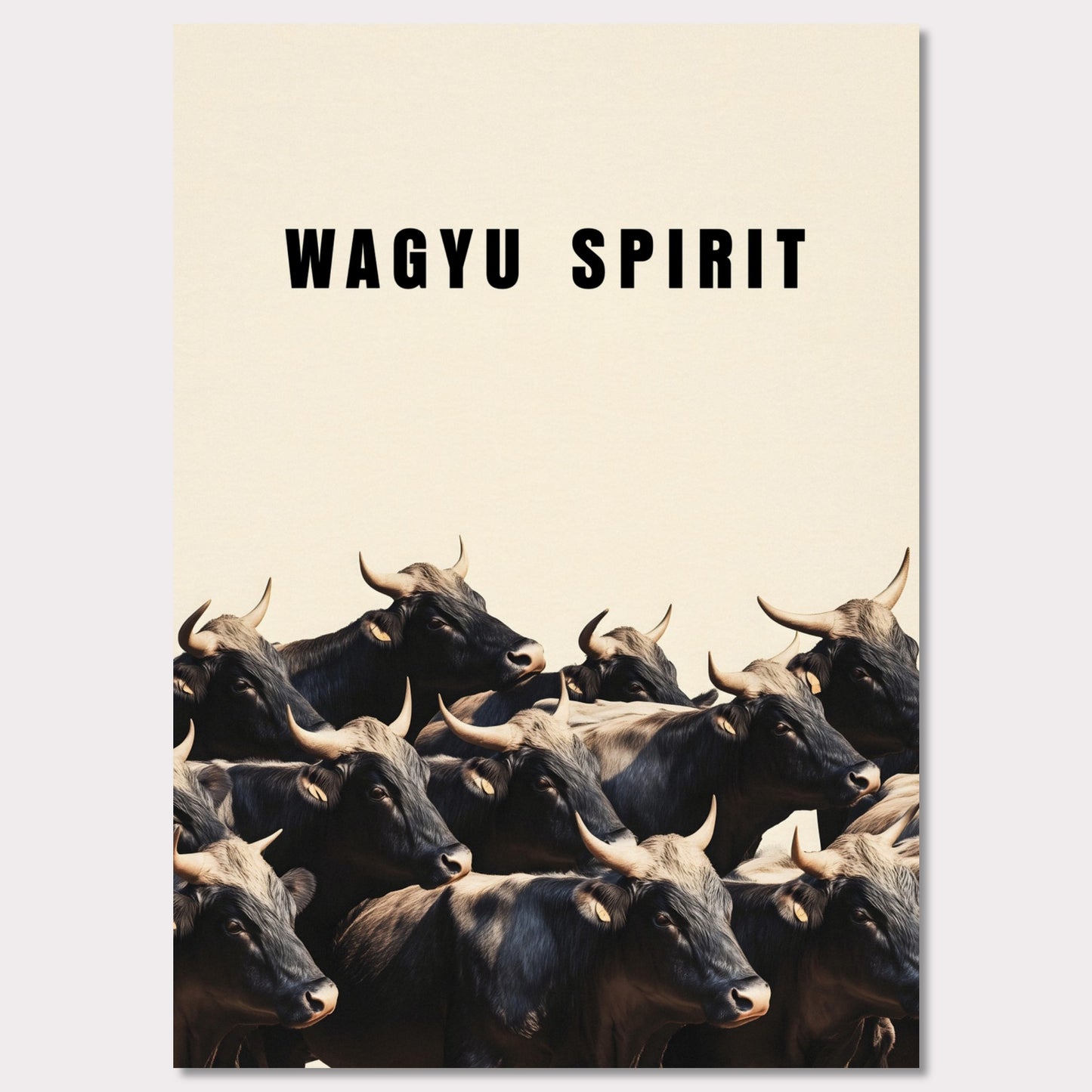This illustration shows a group of black cattle with horns, set against a light background. The text "WAGYU SPIRIT" is prominently displayed at the top.
This poster will fit well in a kitchen, dining area, restaurant, or any space related to food and culinary arts.
