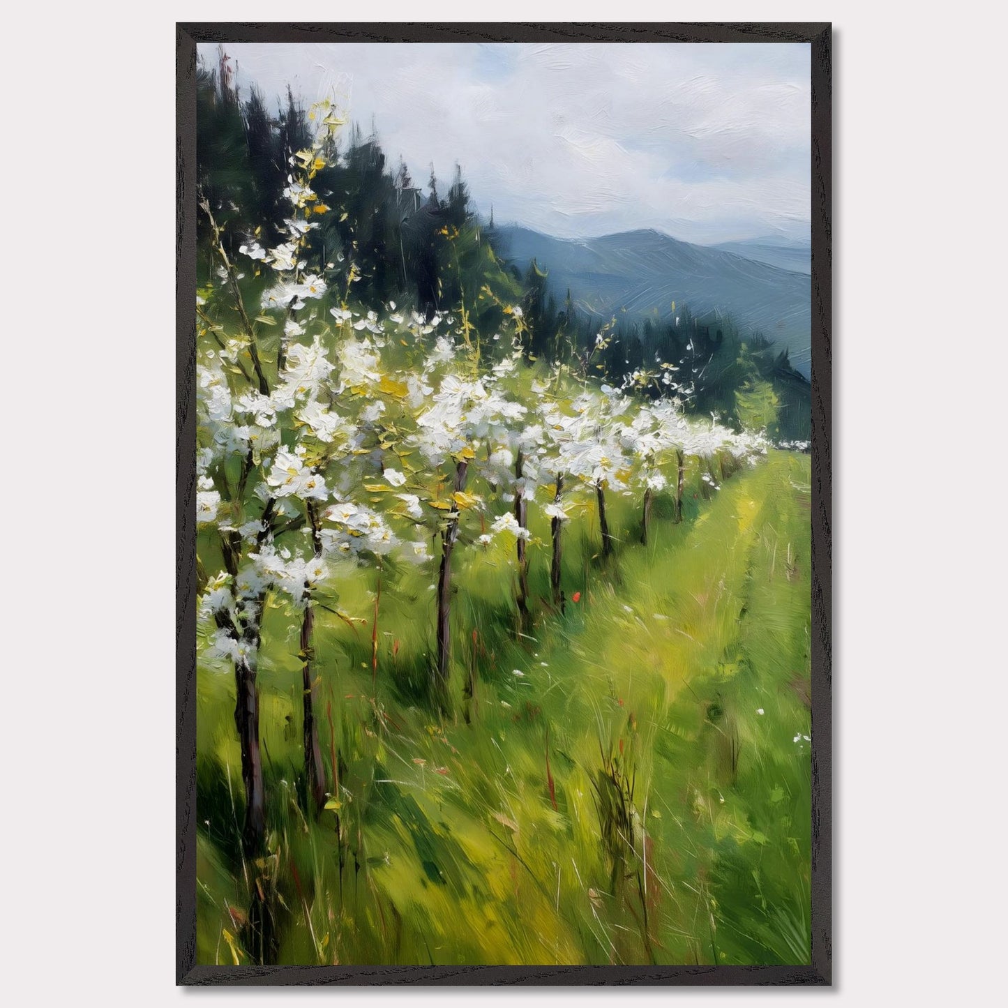 Blossoming trees line a sloped meadow, shining with spring energy. Their petals catch the light like snowflakes, while behind them rise forested hills and soft mountain silhouettes. The air feels fresh, alive, and full of renewal.