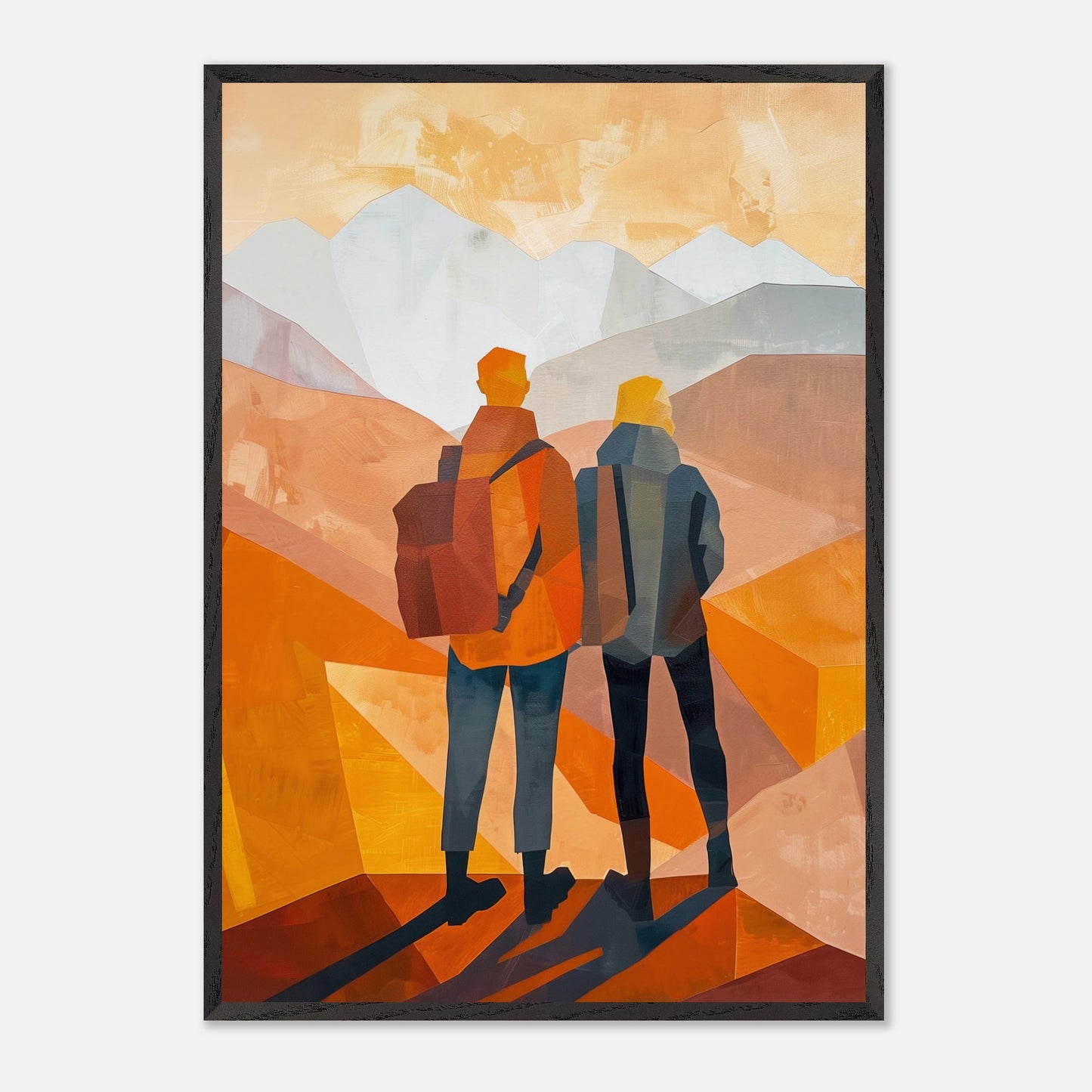 This illustration depicts two figures standing side by side, gazing at a mountainous landscape.
This poster would fit well in a living room, hallway, office, or any space that benefits from artistic and inspirational decor.