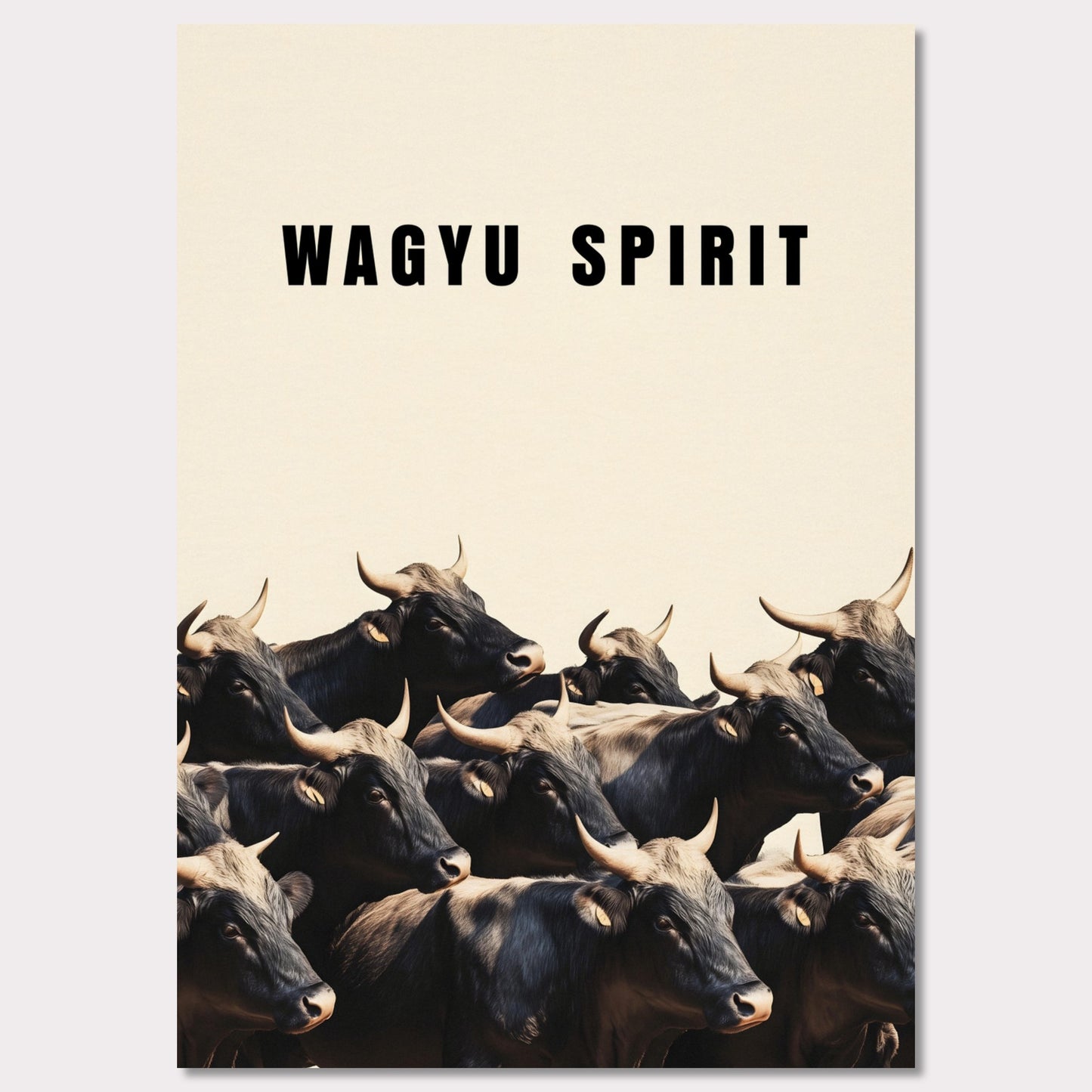 This illustration shows a group of black cattle with horns, set against a light background. The text "WAGYU SPIRIT" is prominently displayed at the top.
This poster will fit well in a kitchen, dining area, restaurant, or any space related to food and culinary arts.