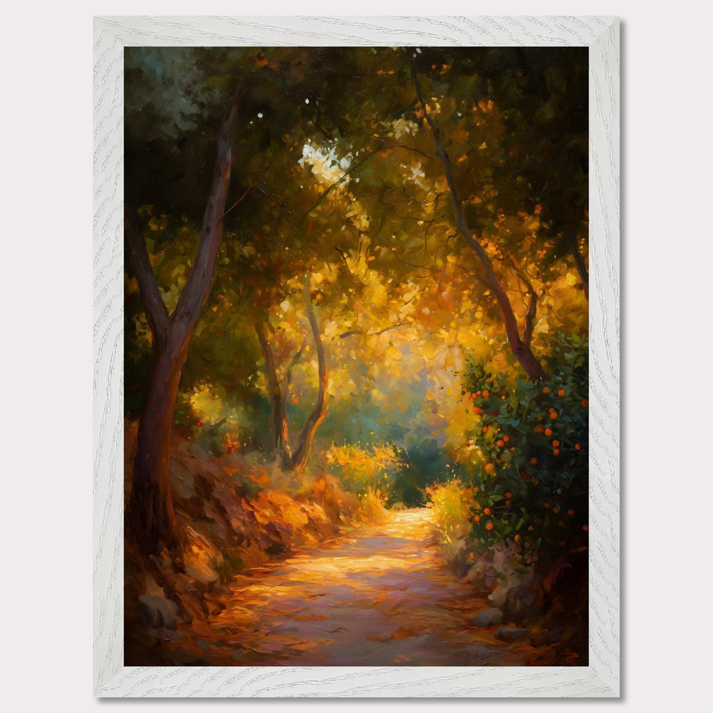 Golden leaves and oranges glow in a forested bend, where light pours through branches onto a dusty path. The trees seem to lean in to listen. This image is a slow walk, an ode to scent, light, and memory.
