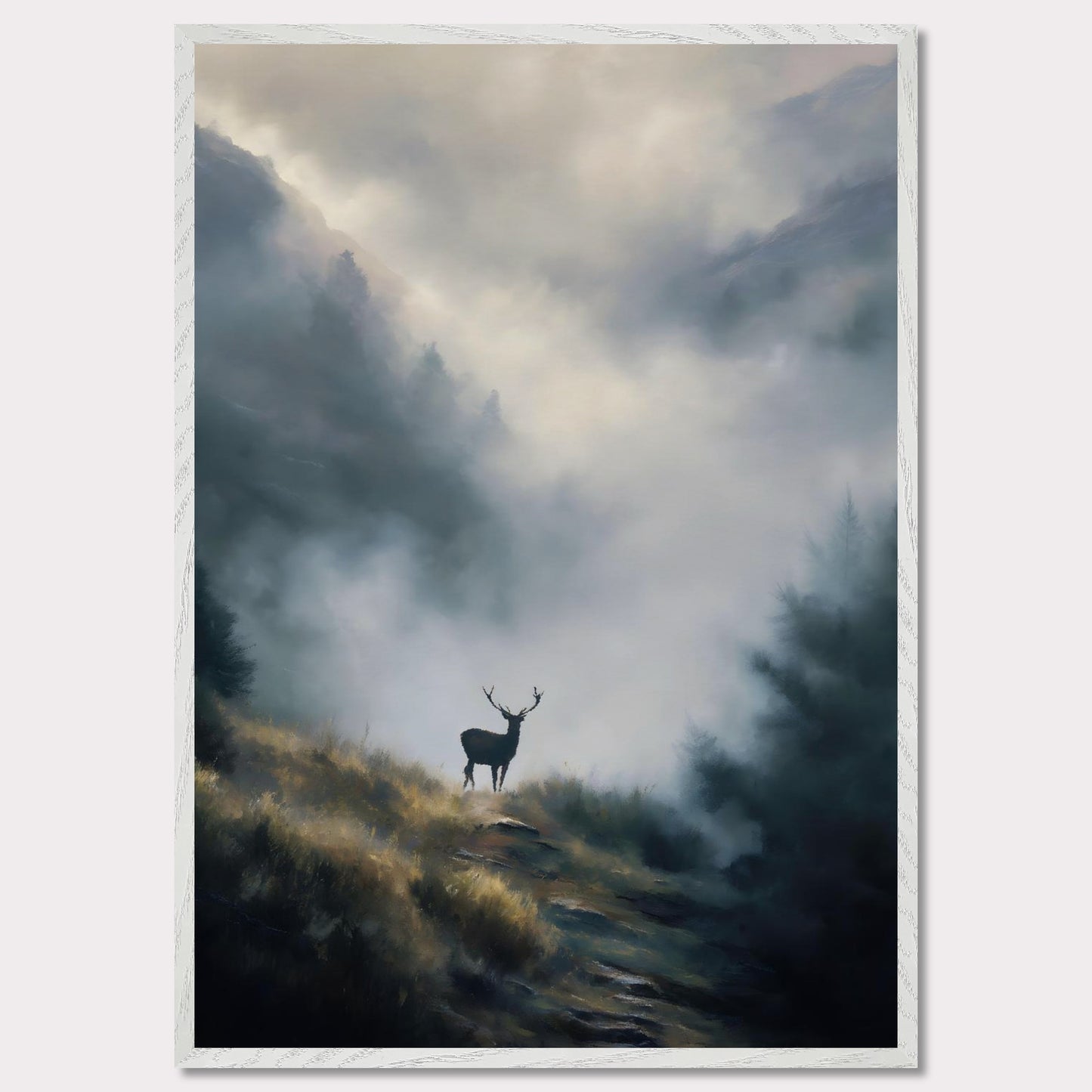 A lone stag stands poised on a highland ridge, where golden grass fades into rising fog. Pines and peaks dissolve into the mist, leaving the deer still and sovereign against the silence. This image is a quiet breath — an ode to wilderness, majesty, and mystery.