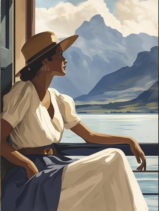 Poster titled 'Girl near mountain water Poster' from ArtDarts