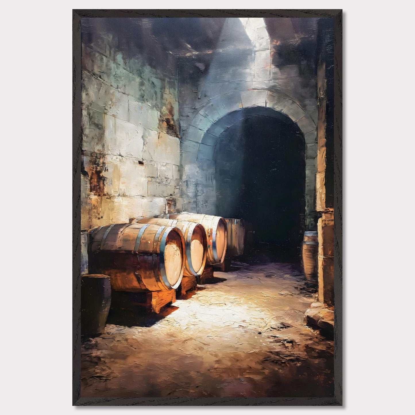 Wooden wine barrels line the stone walls of a cool alpine cellar, lit by a shaft of light from above. The silence is thick and cool. This image is a breath beneath the surface, an ode to age, earth, and time.