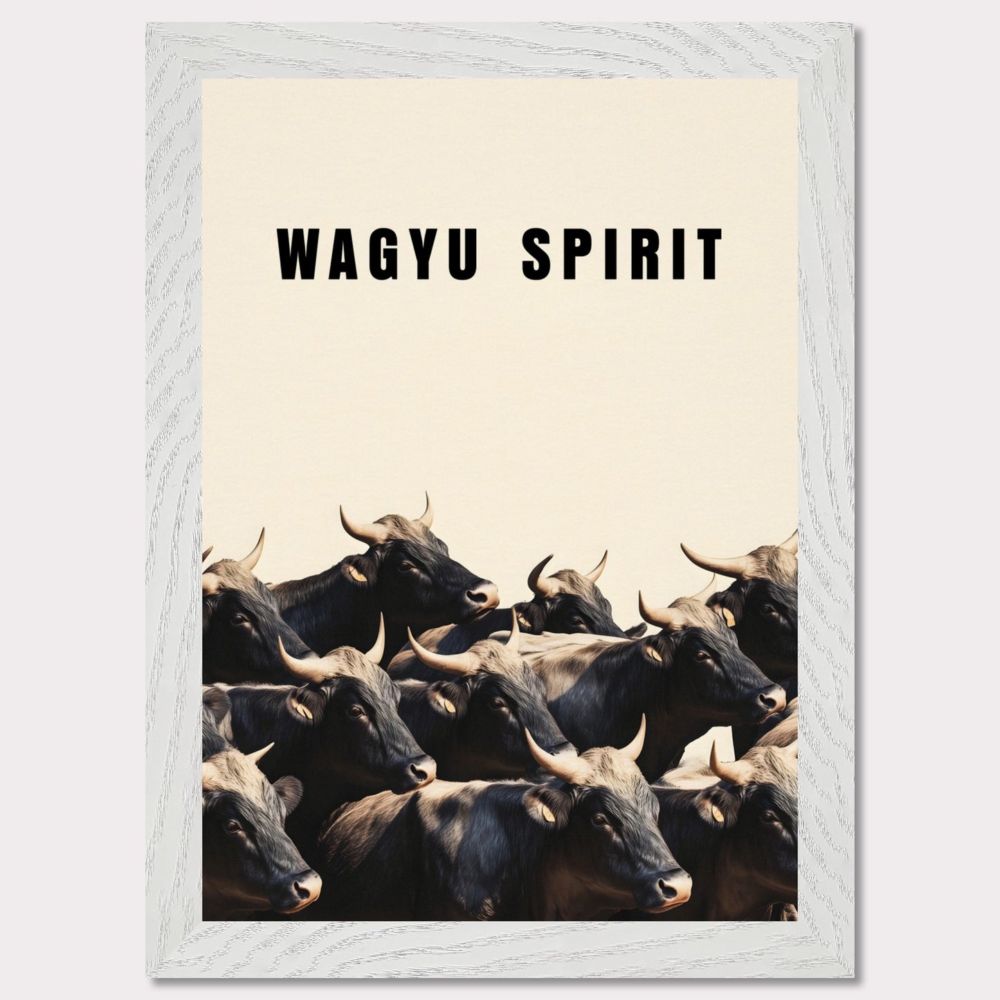 This illustration shows a group of black cattle with horns, set against a light background. The text "WAGYU SPIRIT" is prominently displayed at the top.
This poster will fit well in a kitchen, dining area, restaurant, or any space related to food and culinary arts.