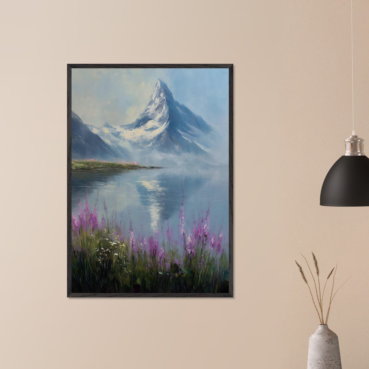 Snow-dusted Matterhorn rises over a lake fringed with fireweed in bloom. Reflections shimmer, colors merge in peace. This image is a mountain hush, an ode to bloom, ice, and awe.