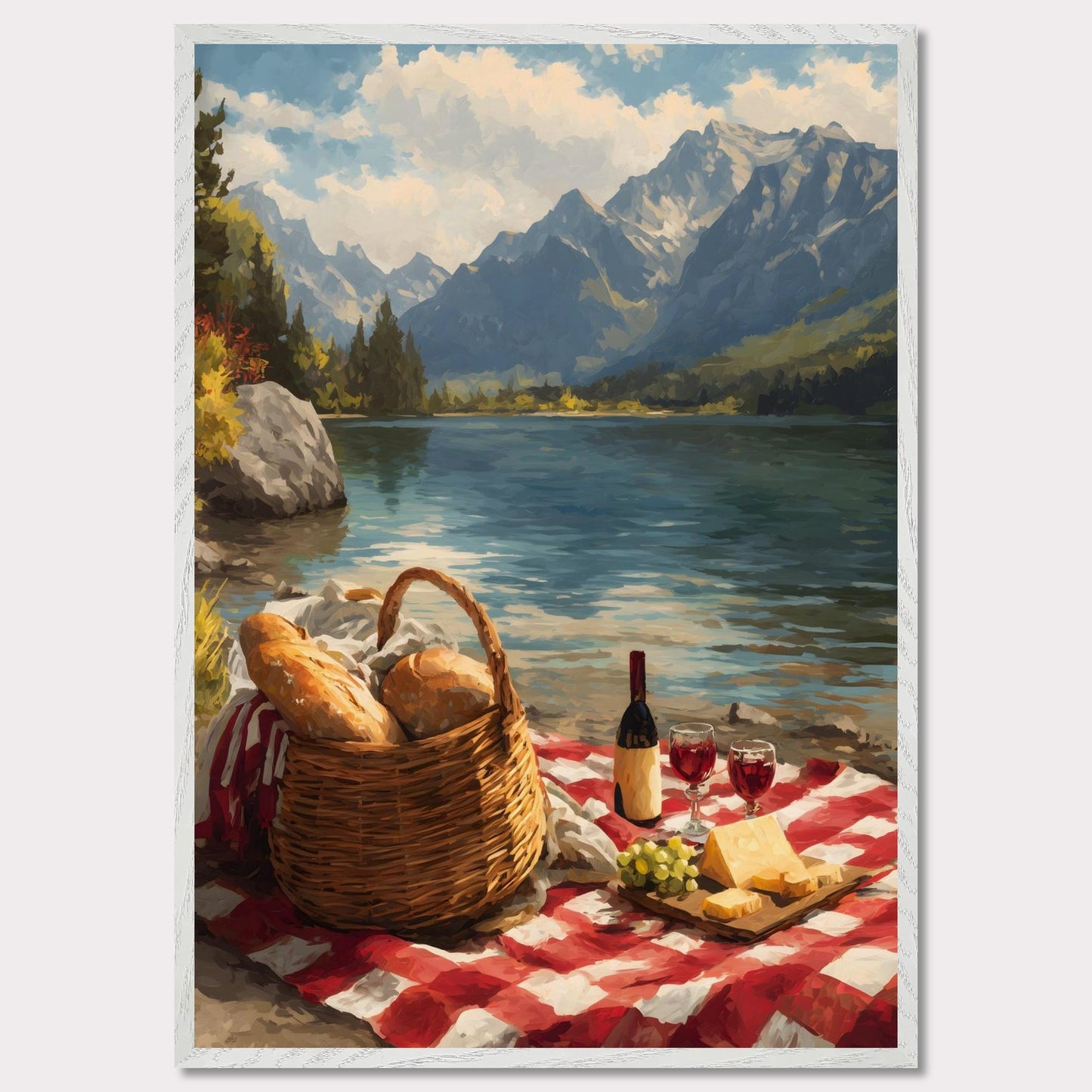 A checkered blanket lies beside a glistening lake, topped with fresh bread, wine, cheese, and grapes. Behind it all, towering mountains create a breathtaking backdrop. The scene celebrates indulgence, nature, and the timeless art of slowing down.