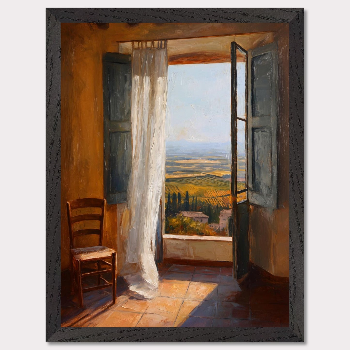 A sheer curtain lifts in warm air as golden vineyards unfold beneath a terracotta sill. A simple wooden chair waits in sunlit silence. This image is a breath of stillness, an ode to rhythm, warmth, and space.