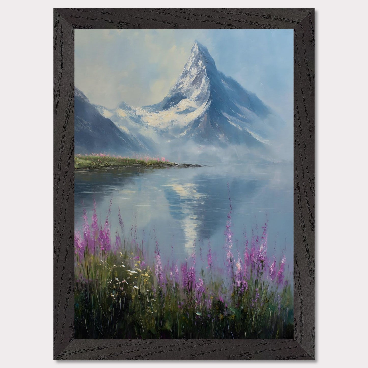 Snow-dusted Matterhorn rises over a lake fringed with fireweed in bloom. Reflections shimmer, colors merge in peace. This image is a mountain hush, an ode to bloom, ice, and awe.
