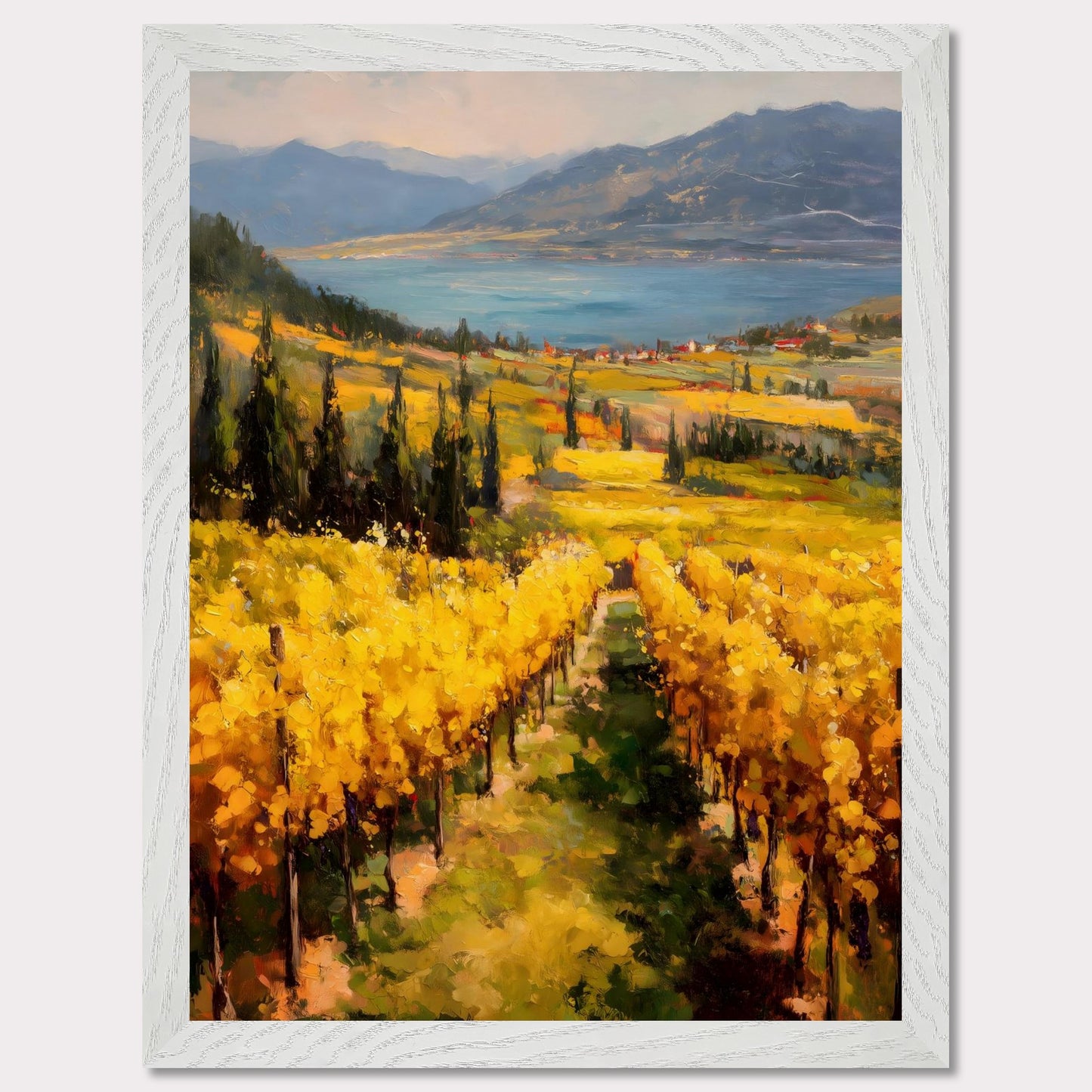A row of sunlit grapevines leads into rolling fields above the lake. Cypress trees and red roofs add rhythm to the patchwork. This image is a painter’s geometry, an ode to land, season, and order.